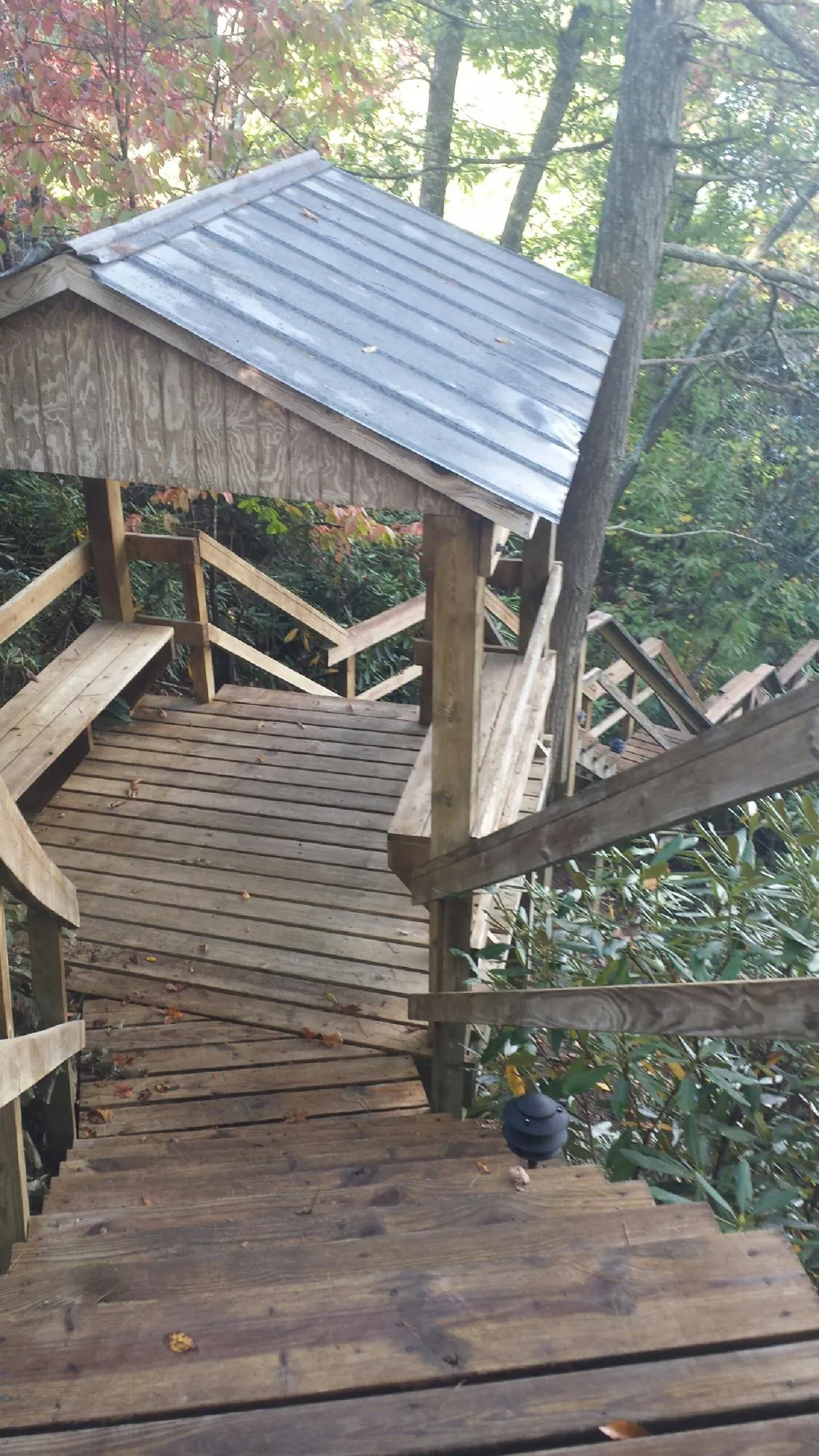 Metal roofed shelter over wooden steps on a wooded walkway — Skylight Repair & Installation work by our crew in Greenacres